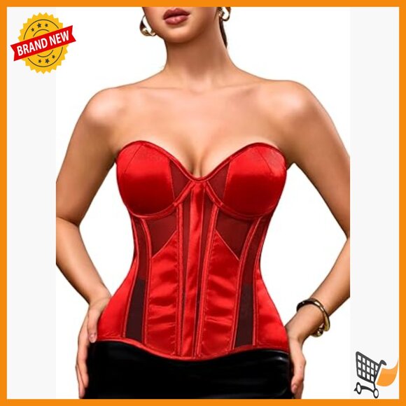Satin Corset Top with Underwire Padded Boning Adjustable Lace-Up Fit